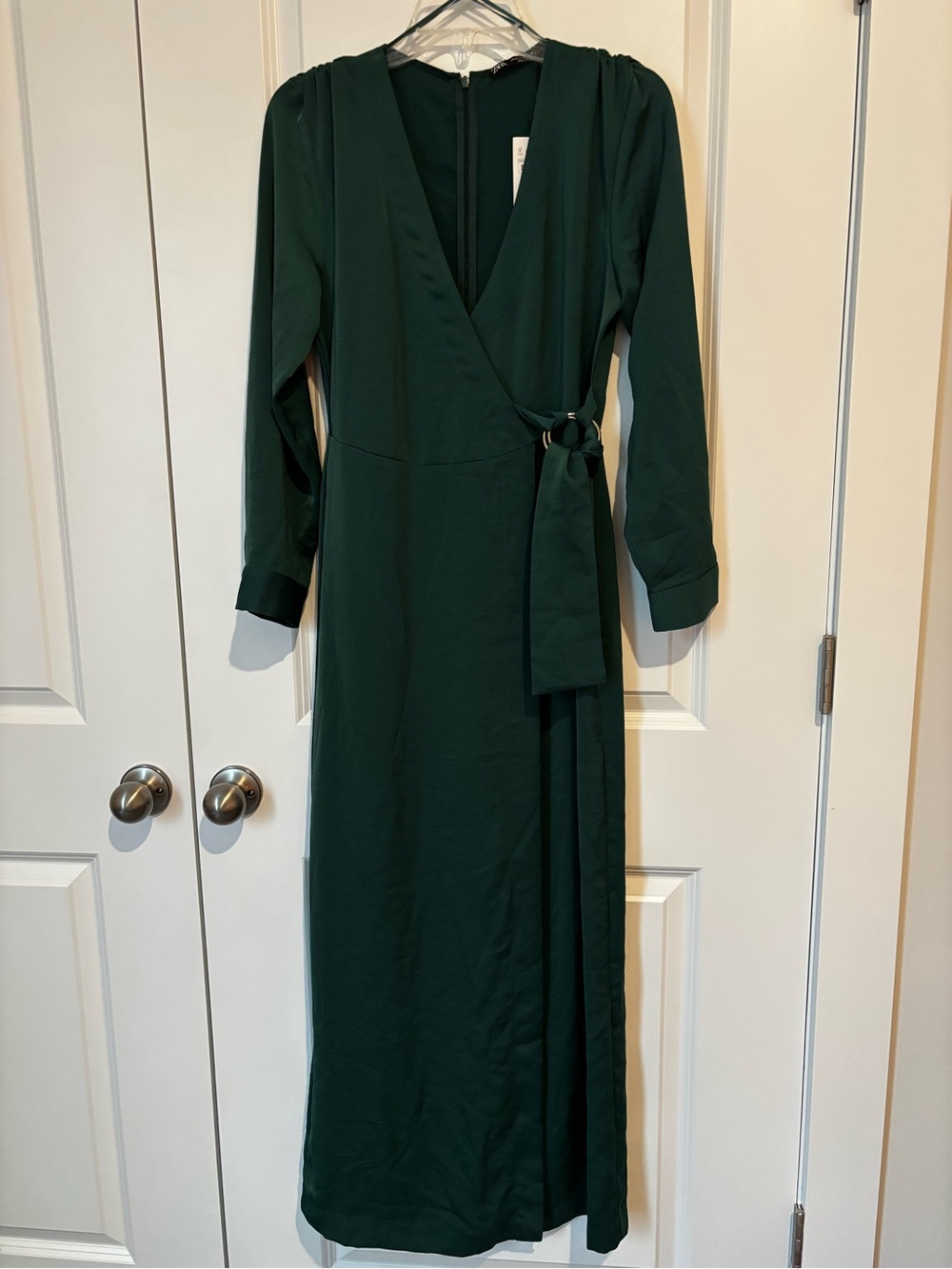 Zara Dark Green Long Sleeve Wrap Maxi Jumpsuit Dress with Ring Tie